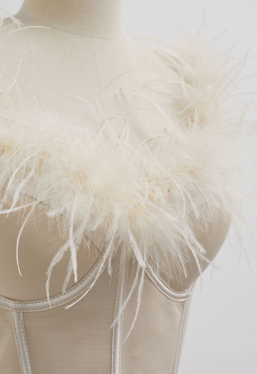 Feather-Embellished Bustier Top in Apricot