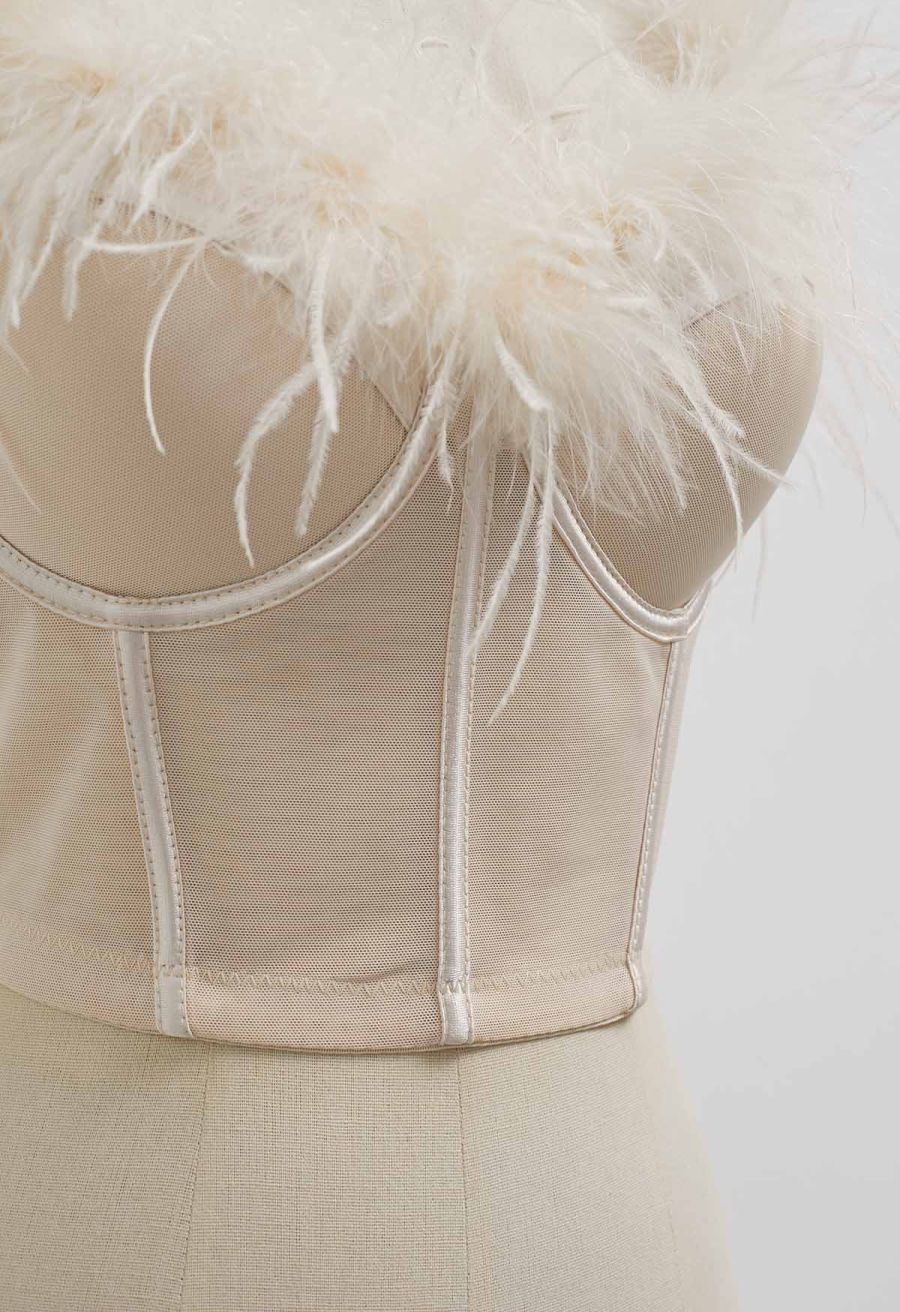 Feather-Embellished Bustier Top in Apricot