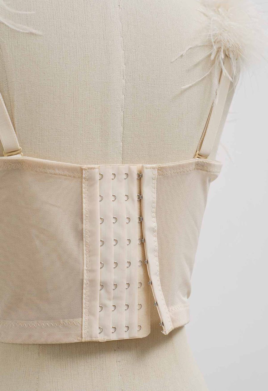 Feather-Embellished Bustier Top in Apricot