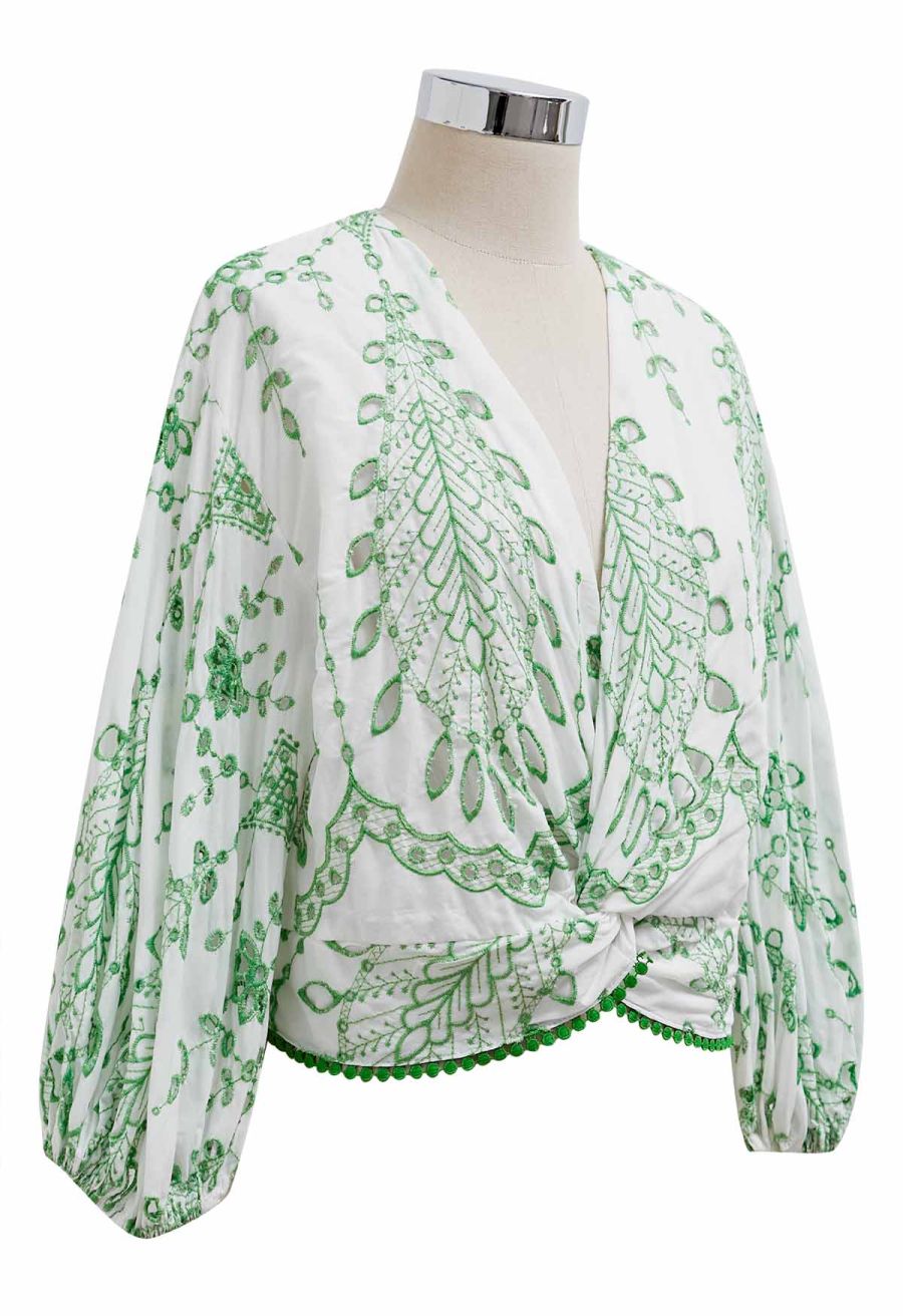 Green Embroidered Twist V-Neck Crop Top