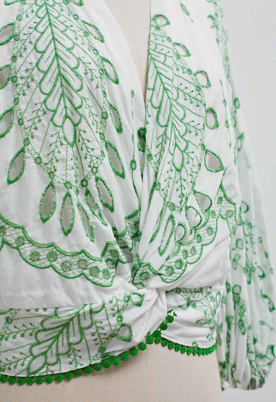 Green Embroidered Twist V-Neck Crop Top