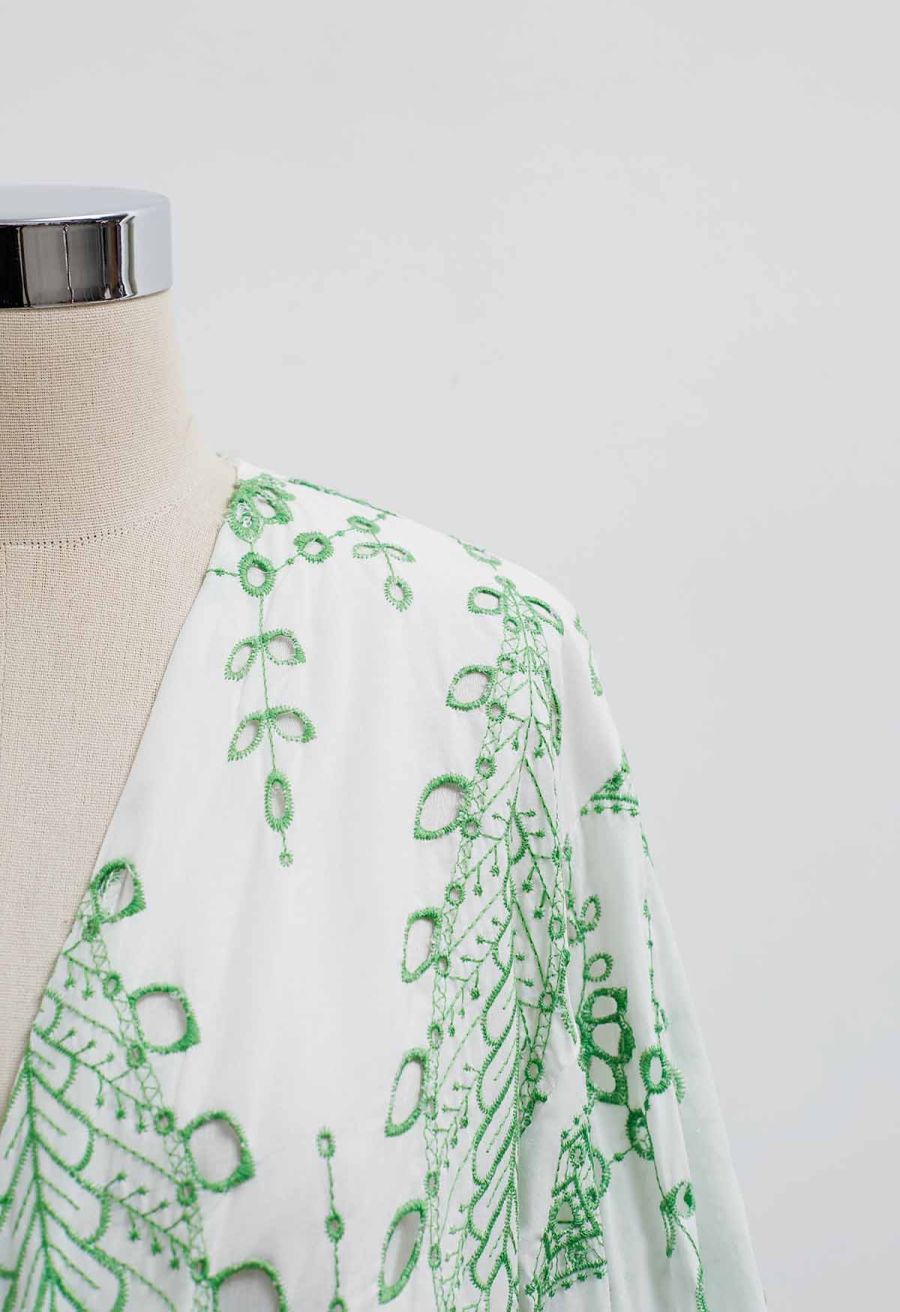 Green Embroidered Twist V-Neck Crop Top