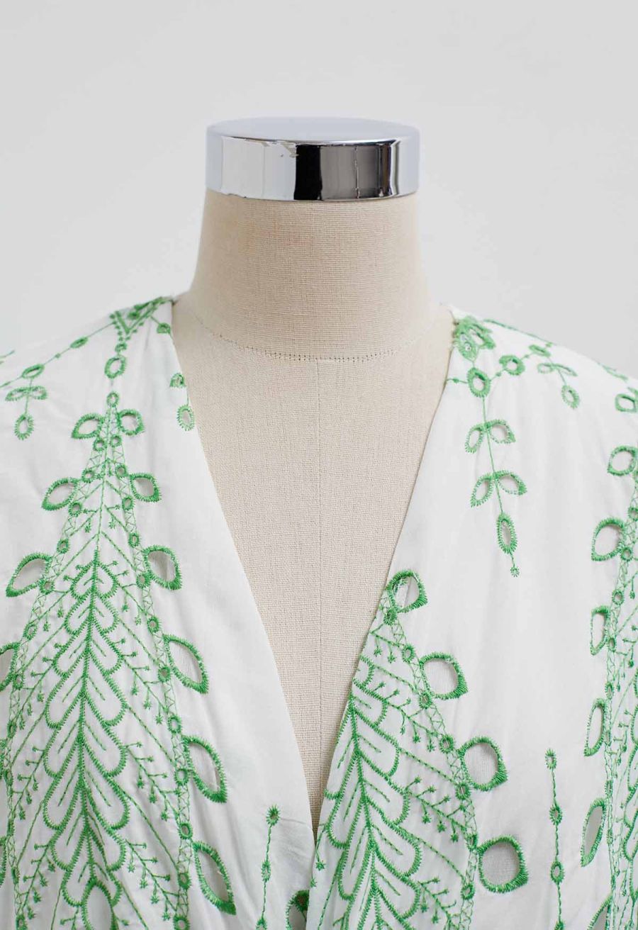 Green Embroidered Twist V-Neck Crop Top