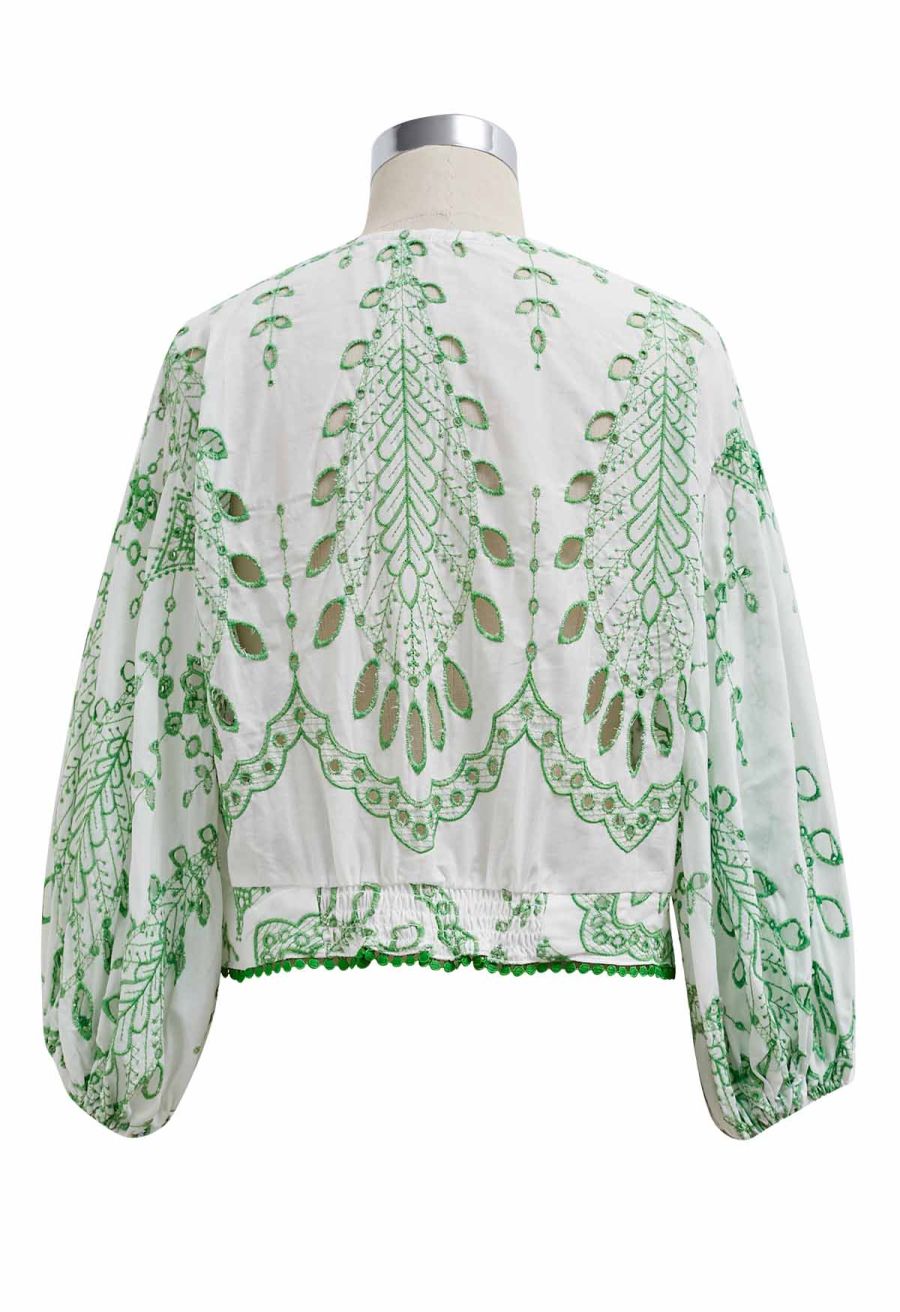 Green Embroidered Twist V-Neck Crop Top