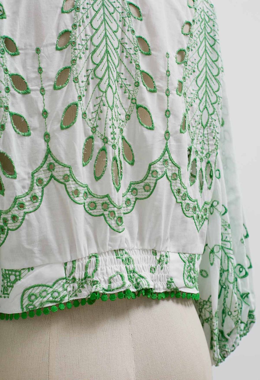 Green Embroidered Twist V-Neck Crop Top