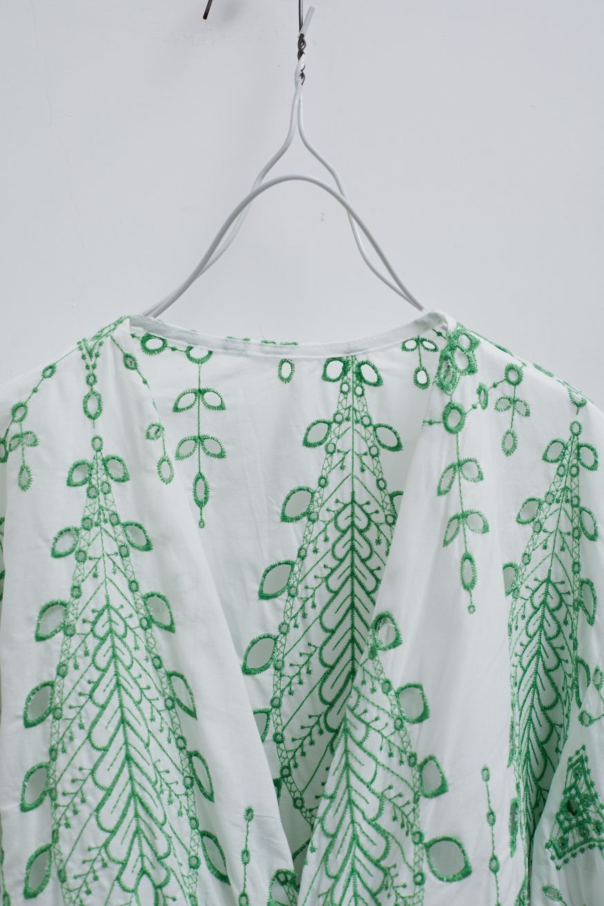Green Embroidered Twist V-Neck Crop Top
