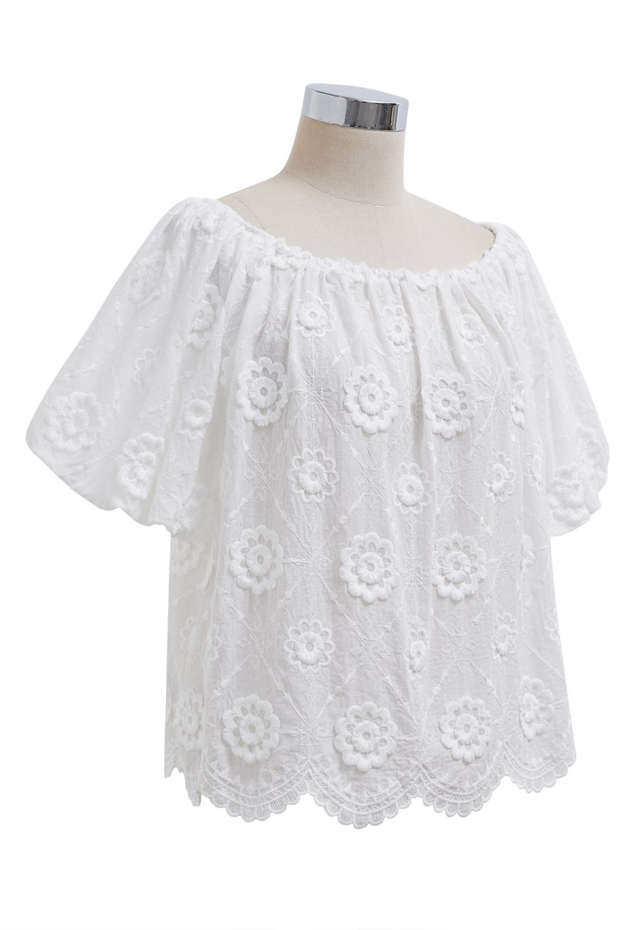 3D Fringed Floral Puff Sleeve Cotton Top