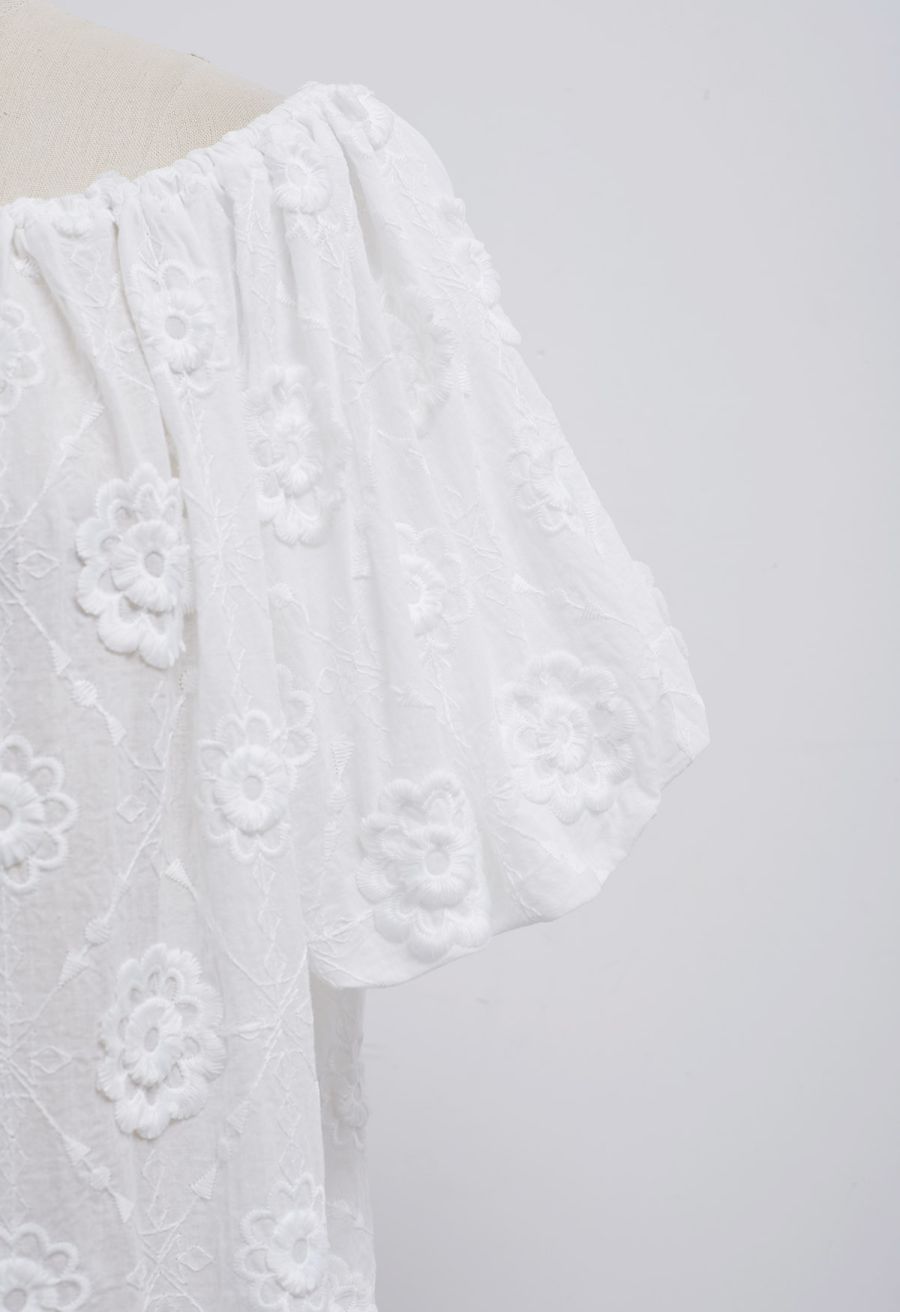 3D Fringed Floral Puff Sleeve Cotton Top