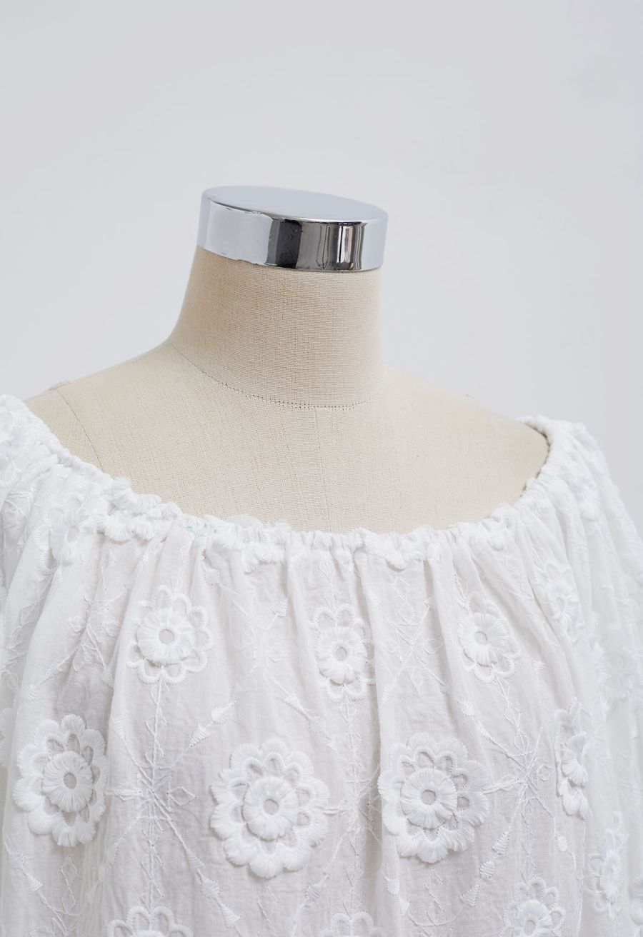 3D Fringed Floral Puff Sleeve Cotton Top