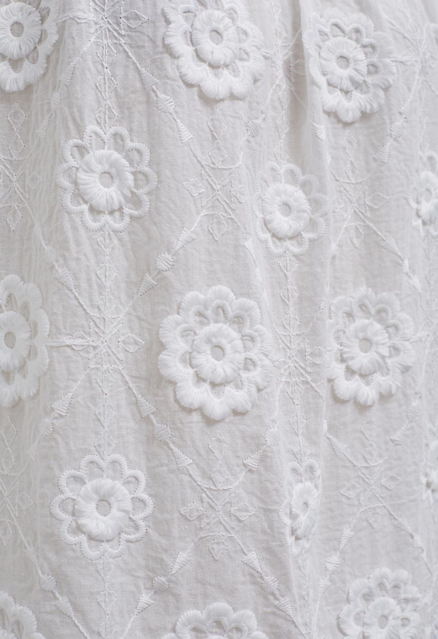 3D Fringed Floral Puff Sleeve Cotton Top