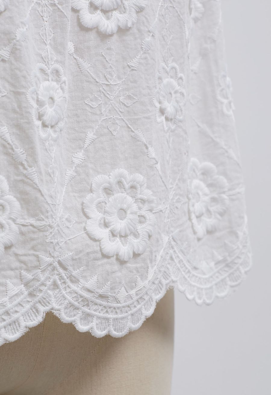 3D Fringed Floral Puff Sleeve Cotton Top