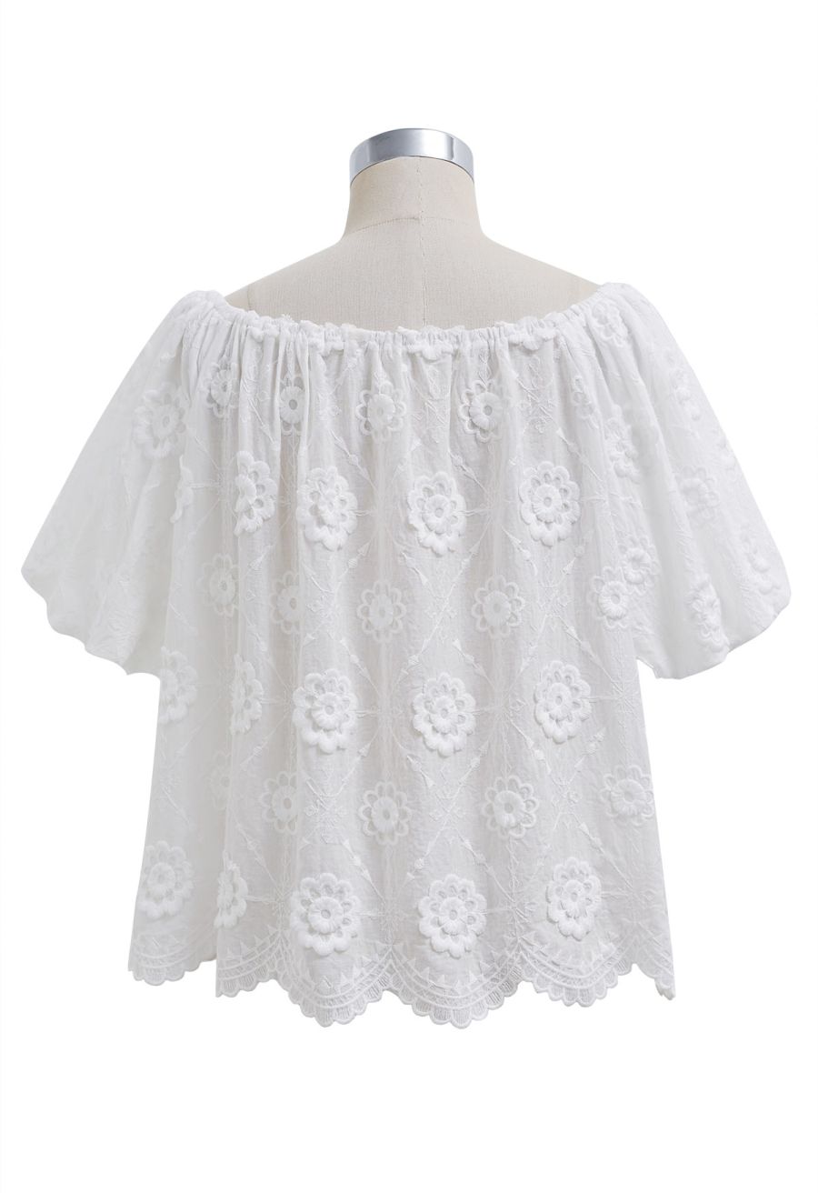3D Fringed Floral Puff Sleeve Cotton Top