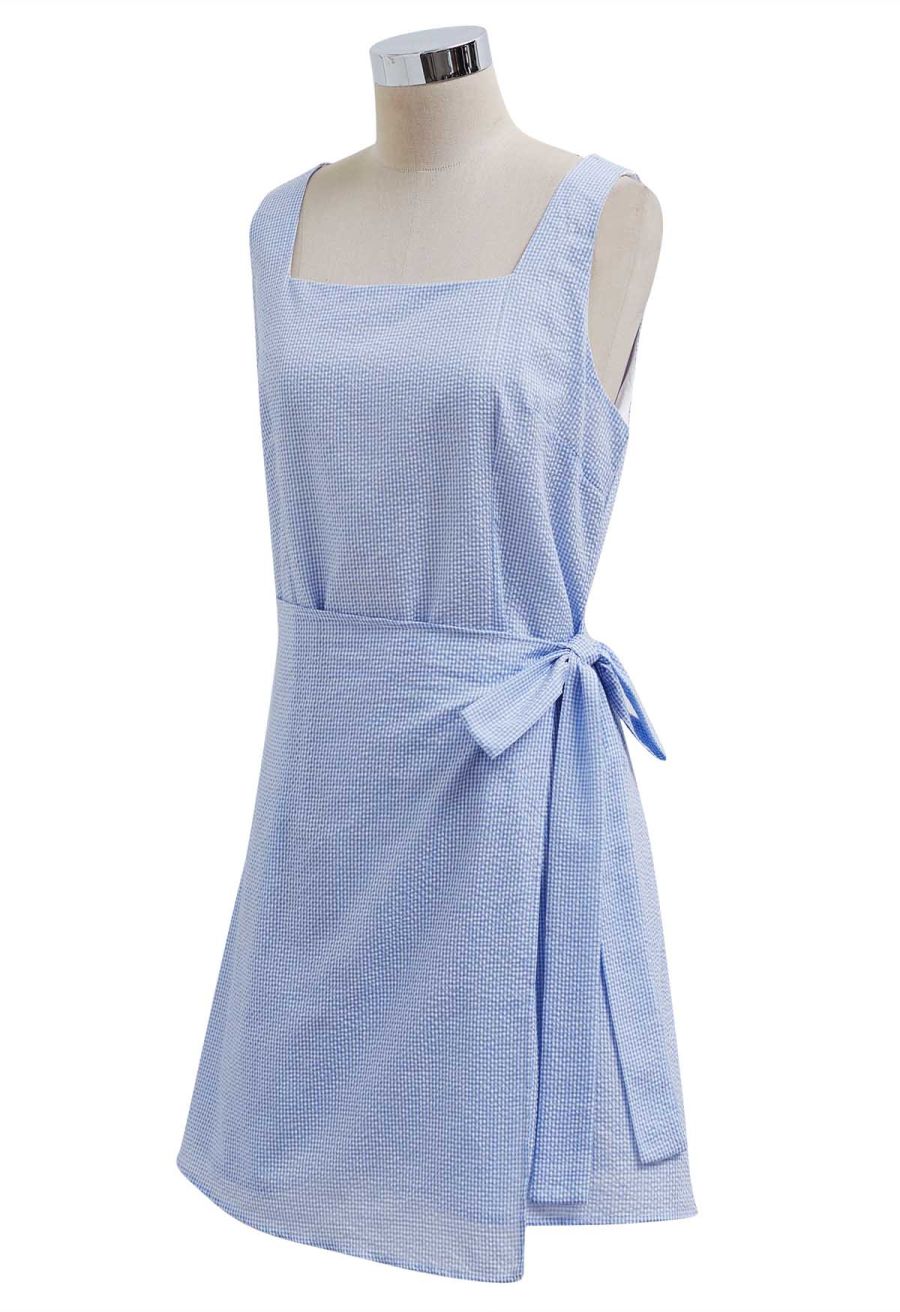 Square Neck Gingham Printed Flap Dress in Blue