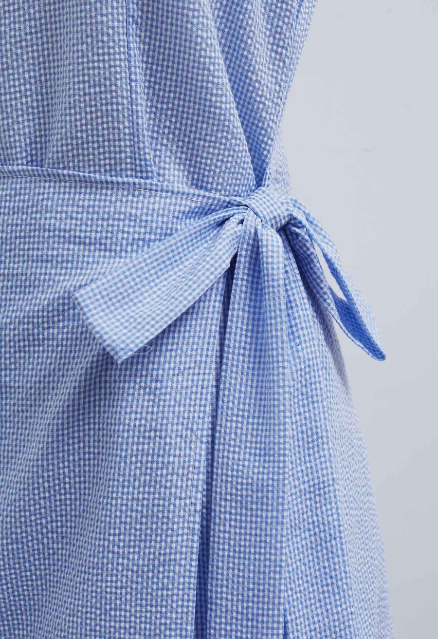 Square Neck Gingham Printed Flap Dress in Blue
