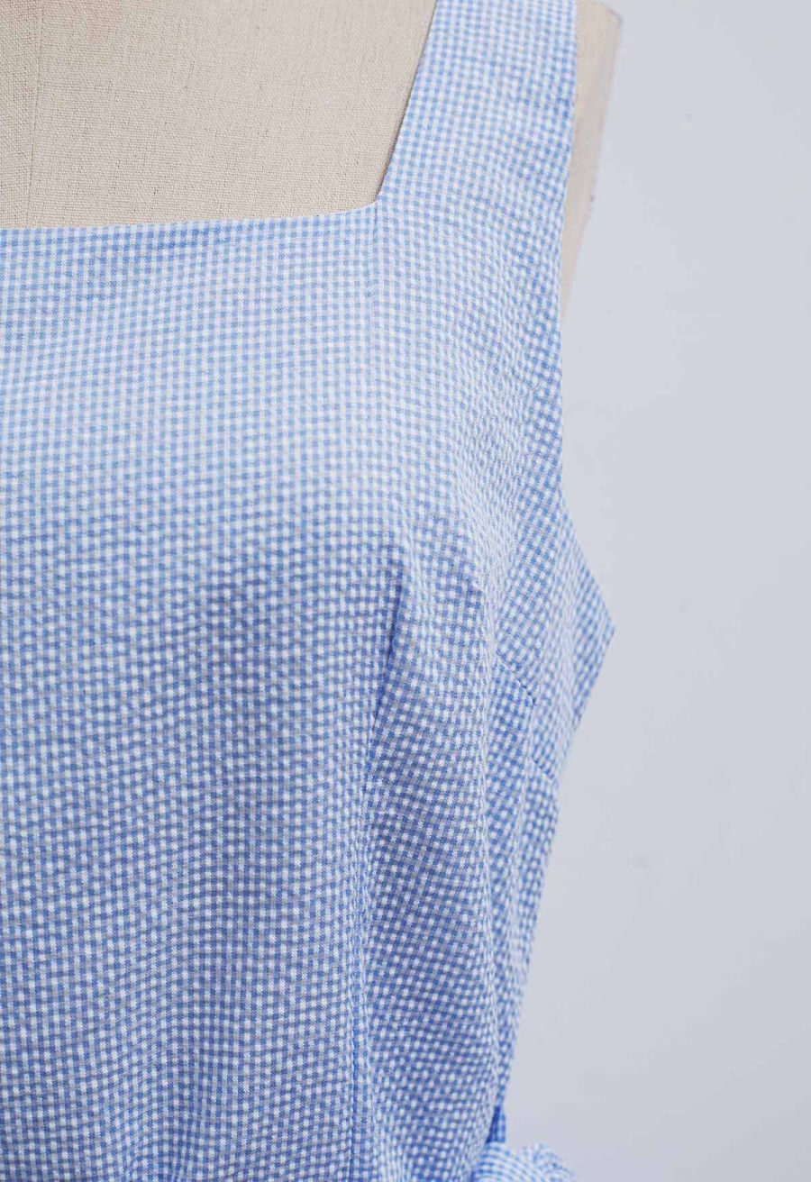 Square Neck Gingham Printed Flap Dress in Blue
