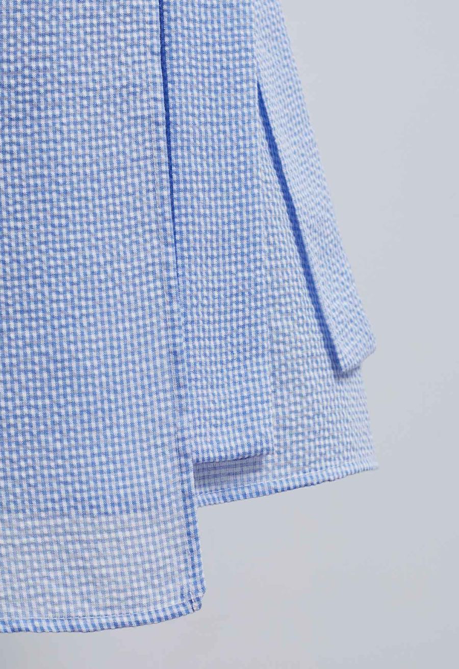 Square Neck Gingham Printed Flap Dress in Blue