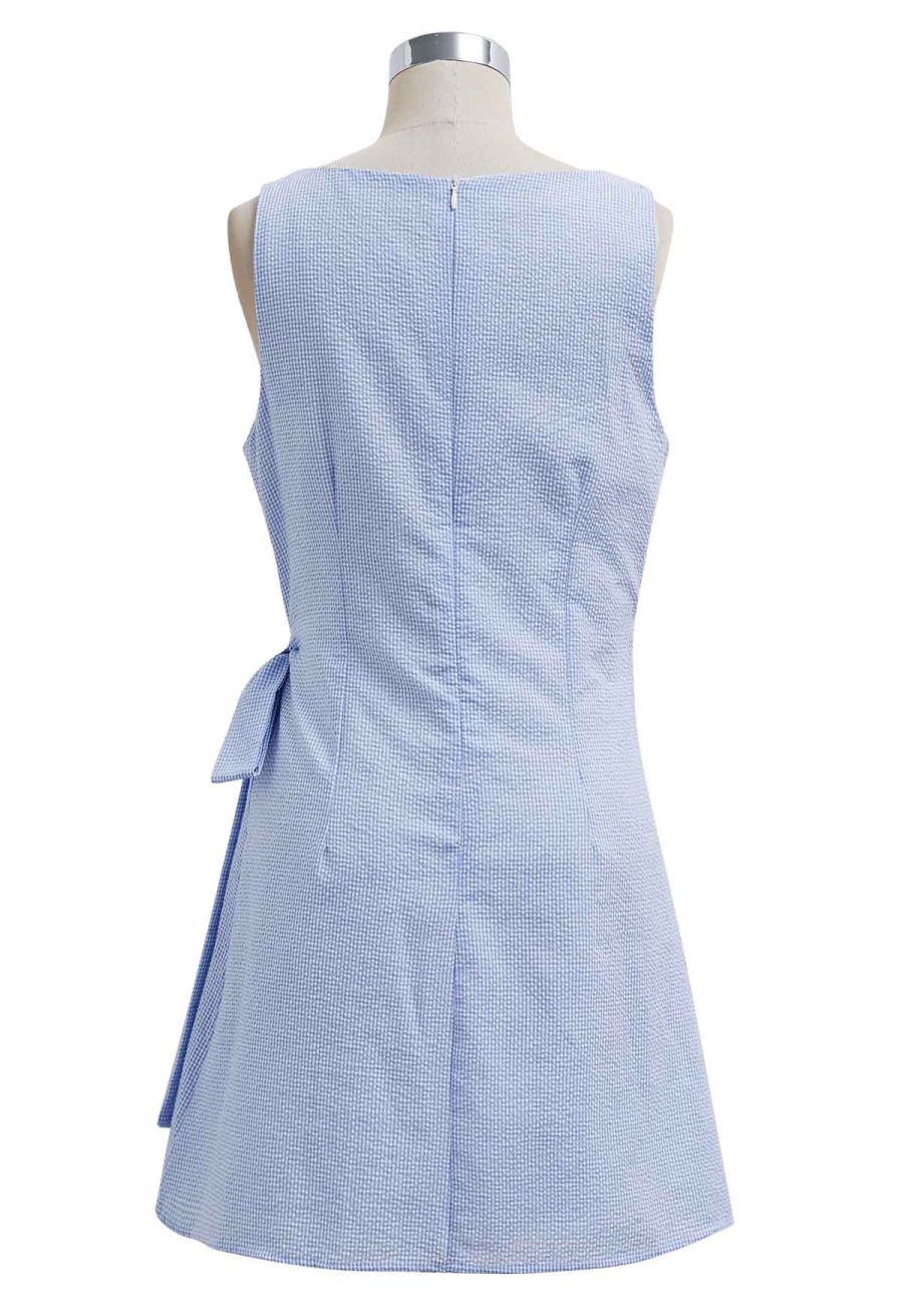 Square Neck Gingham Printed Flap Dress in Blue