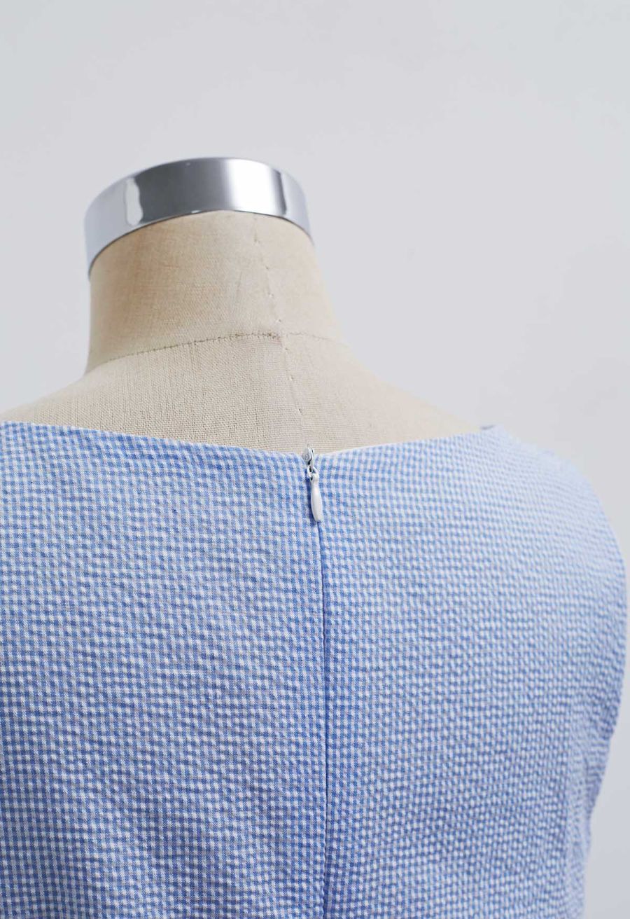 Square Neck Gingham Printed Flap Dress in Blue
