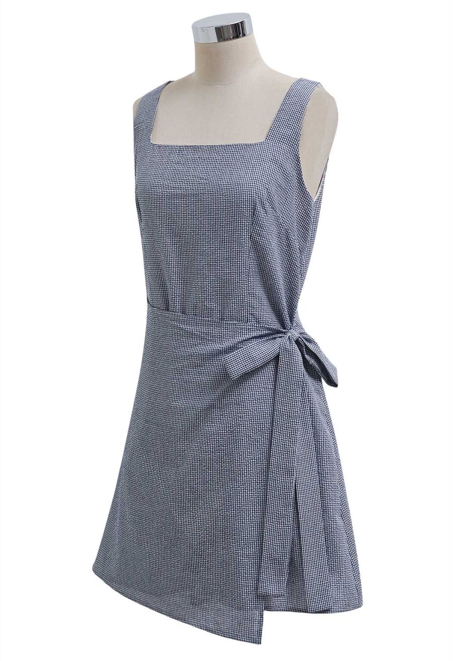Square Neck Gingham Printed Flap Dress in Navy