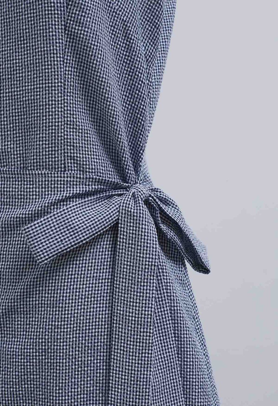 Square Neck Gingham Printed Flap Dress in Navy