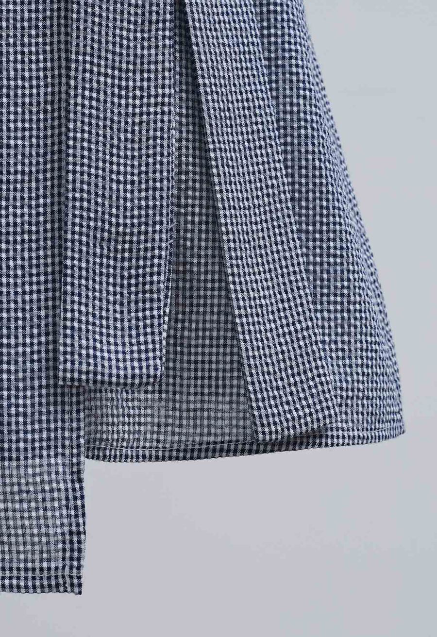 Square Neck Gingham Printed Flap Dress in Navy