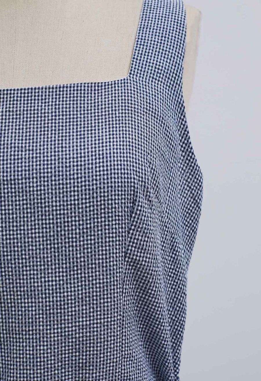 Square Neck Gingham Printed Flap Dress in Navy