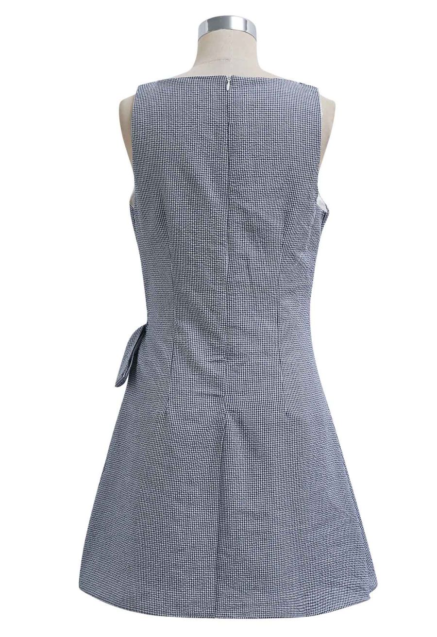 Square Neck Gingham Printed Flap Dress in Navy