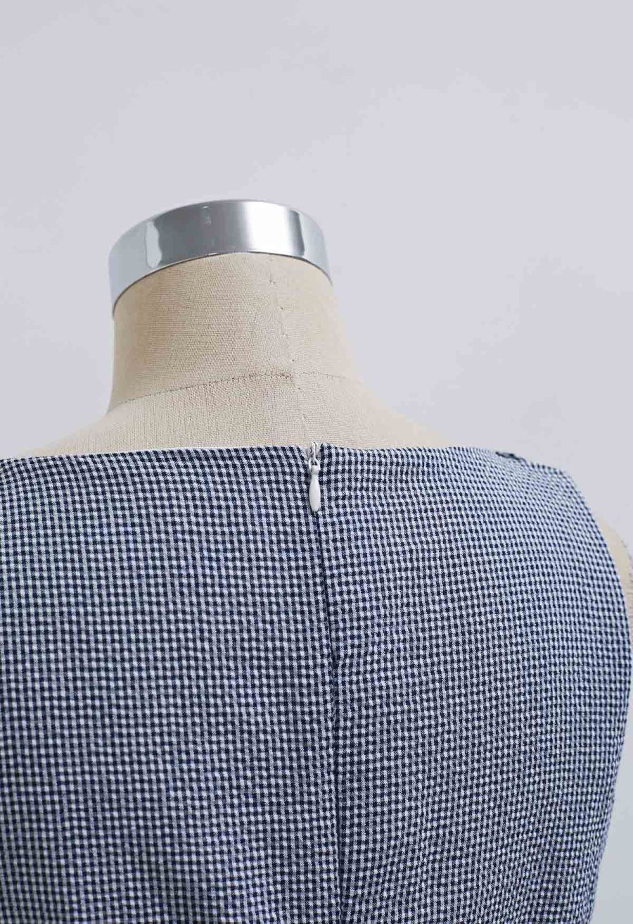 Square Neck Gingham Printed Flap Dress in Navy