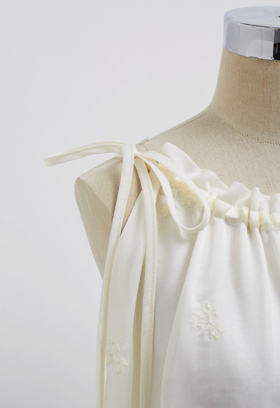 Self-Tie Neckline Embroidered Sleeveless Top