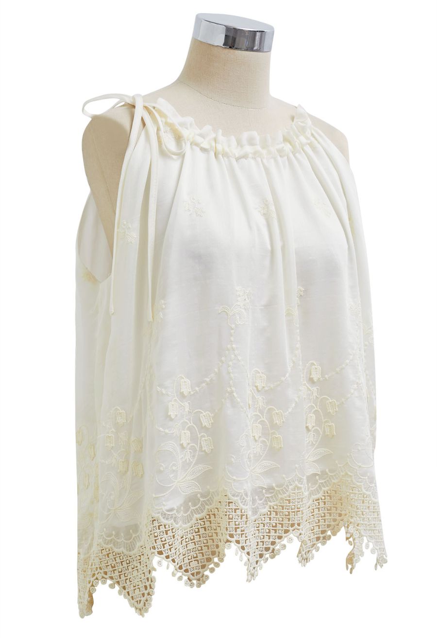 Self-Tie Neckline Embroidered Sleeveless Top
