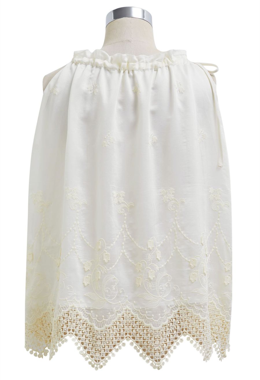 Self-Tie Neckline Embroidered Sleeveless Top