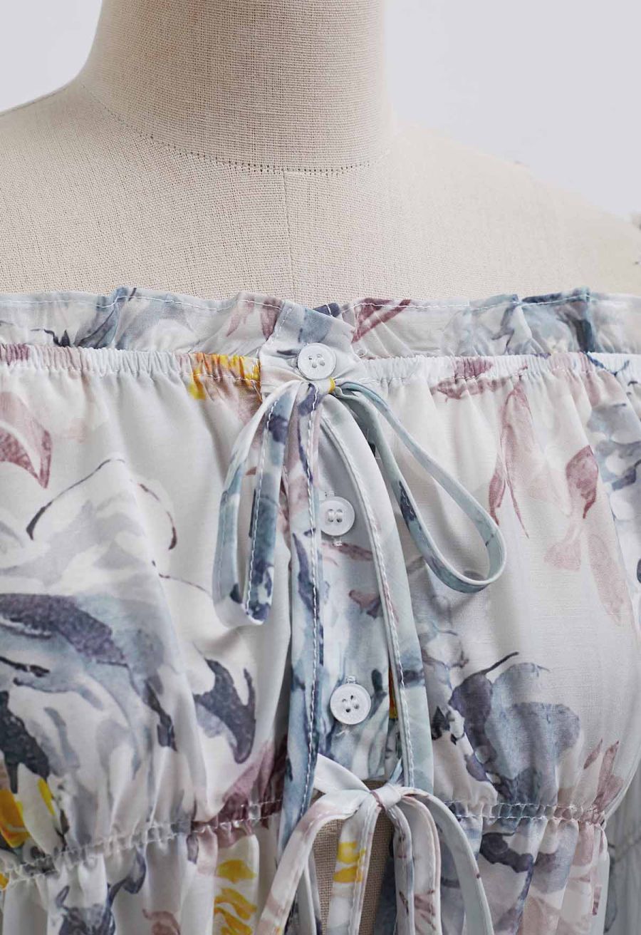 Watercolor Print Button Front Sheer Top in Grey