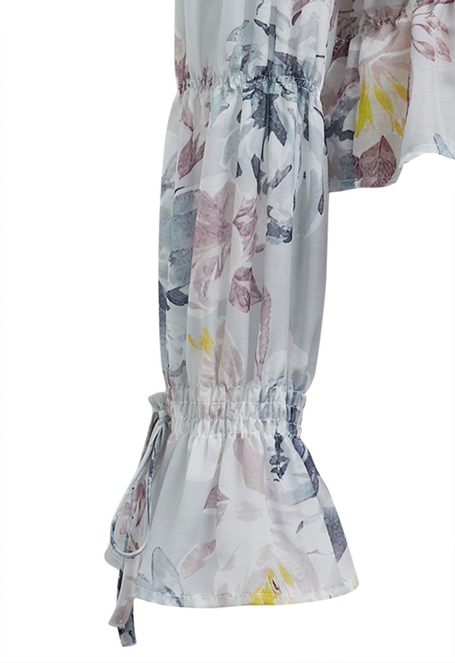 Watercolor Print Button Front Sheer Top in Grey