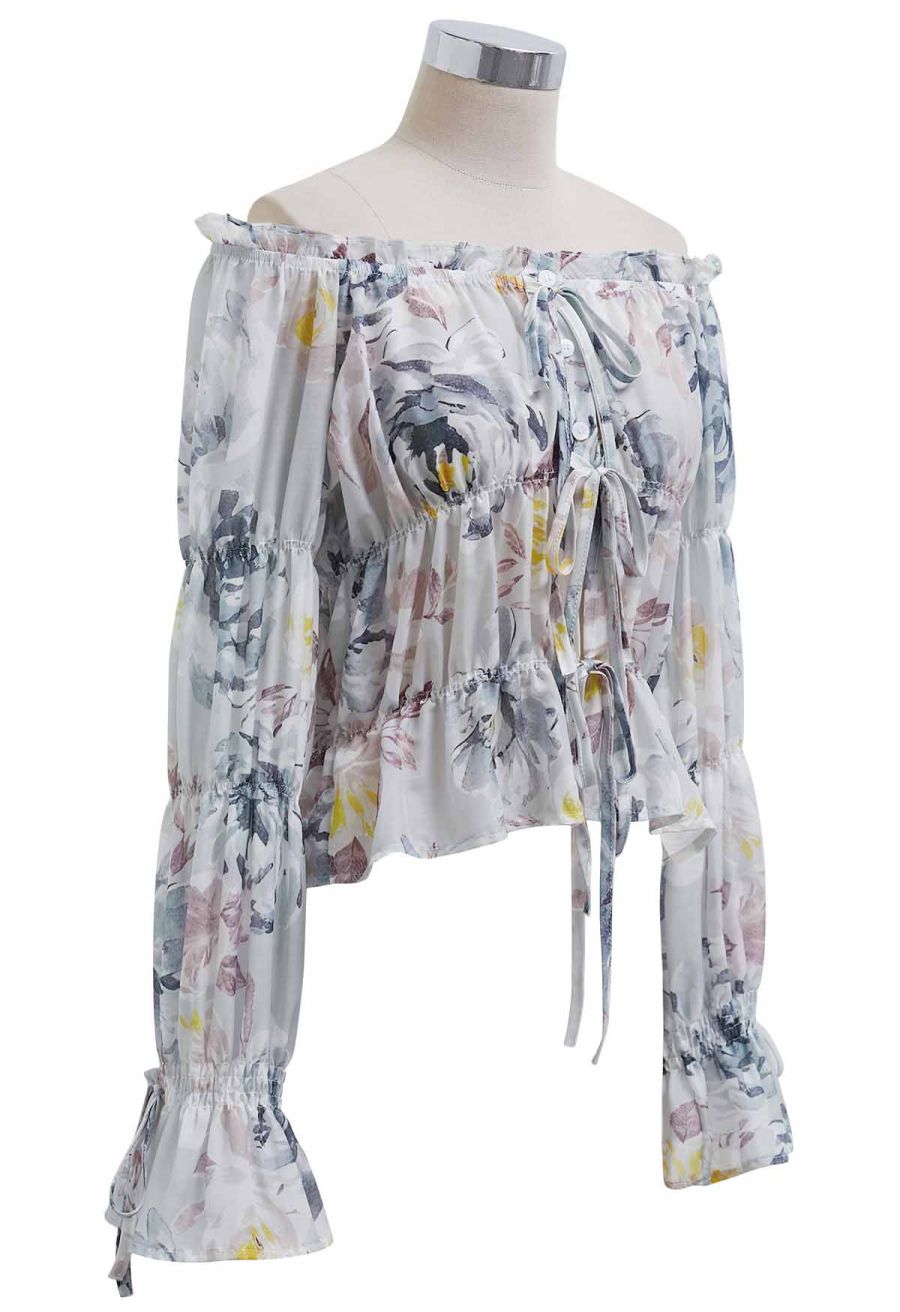 Watercolor Print Button Front Sheer Top in Grey