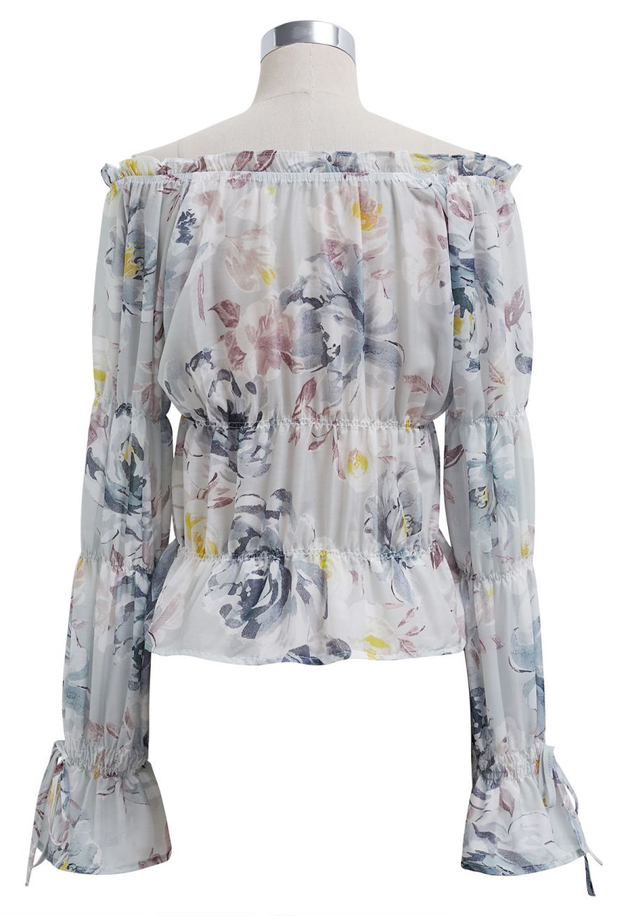 Watercolor Print Button Front Sheer Top in Grey