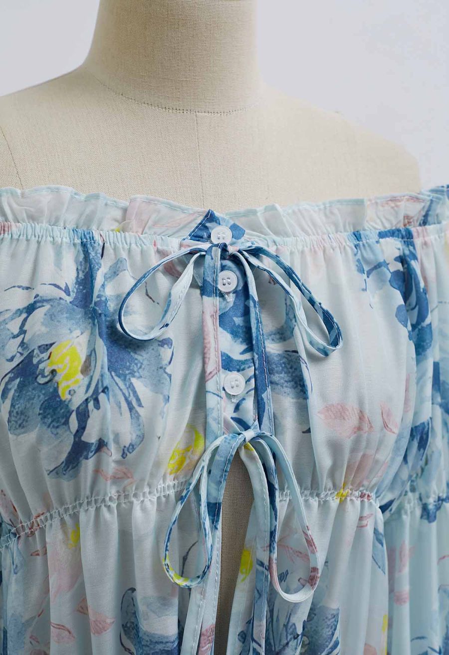 Watercolor Print Button Front Sheer Top in Blue