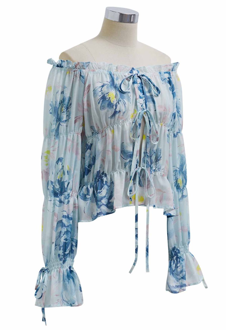 Watercolor Print Button Front Sheer Top in Blue
