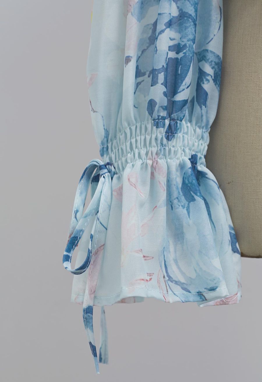 Watercolor Print Button Front Sheer Top in Blue