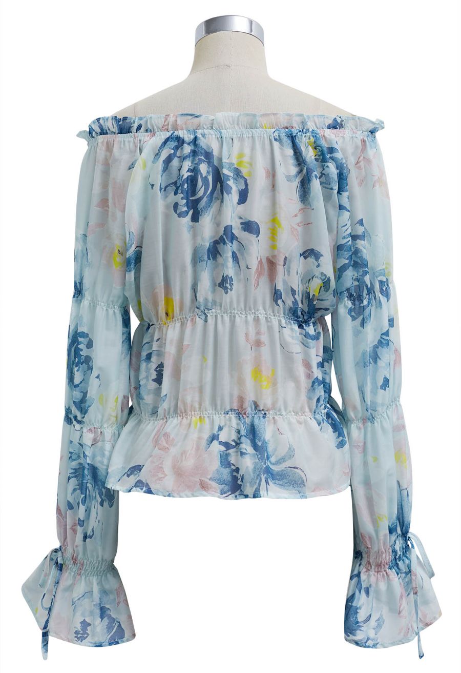 Watercolor Print Button Front Sheer Top in Blue