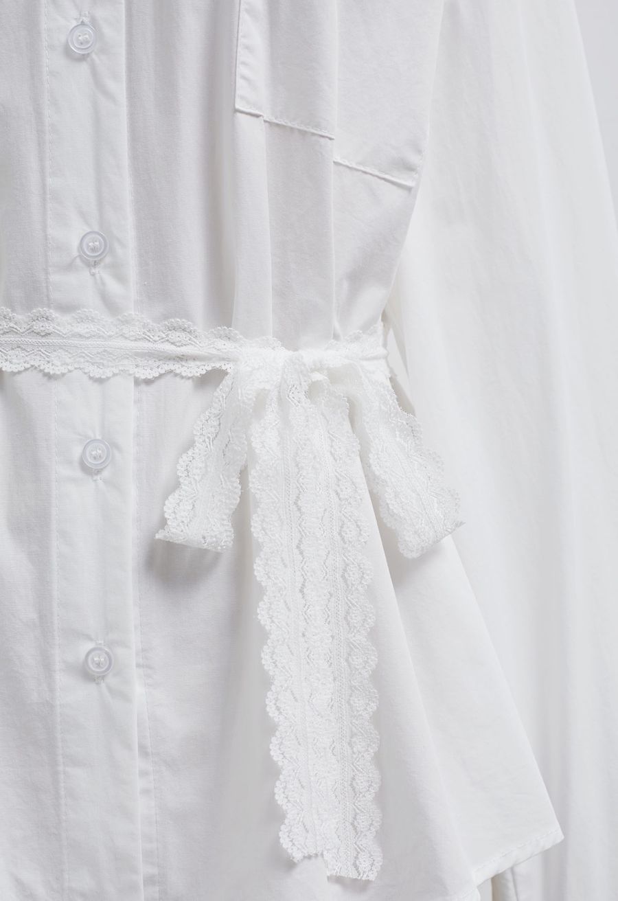 Lace Trimmed Button Down Cotton Shirt in White