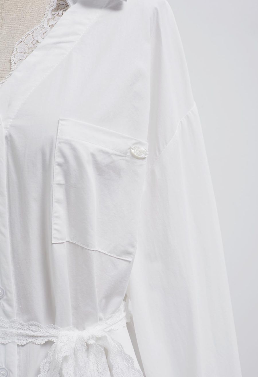 Lace Trimmed Button Down Cotton Shirt in White