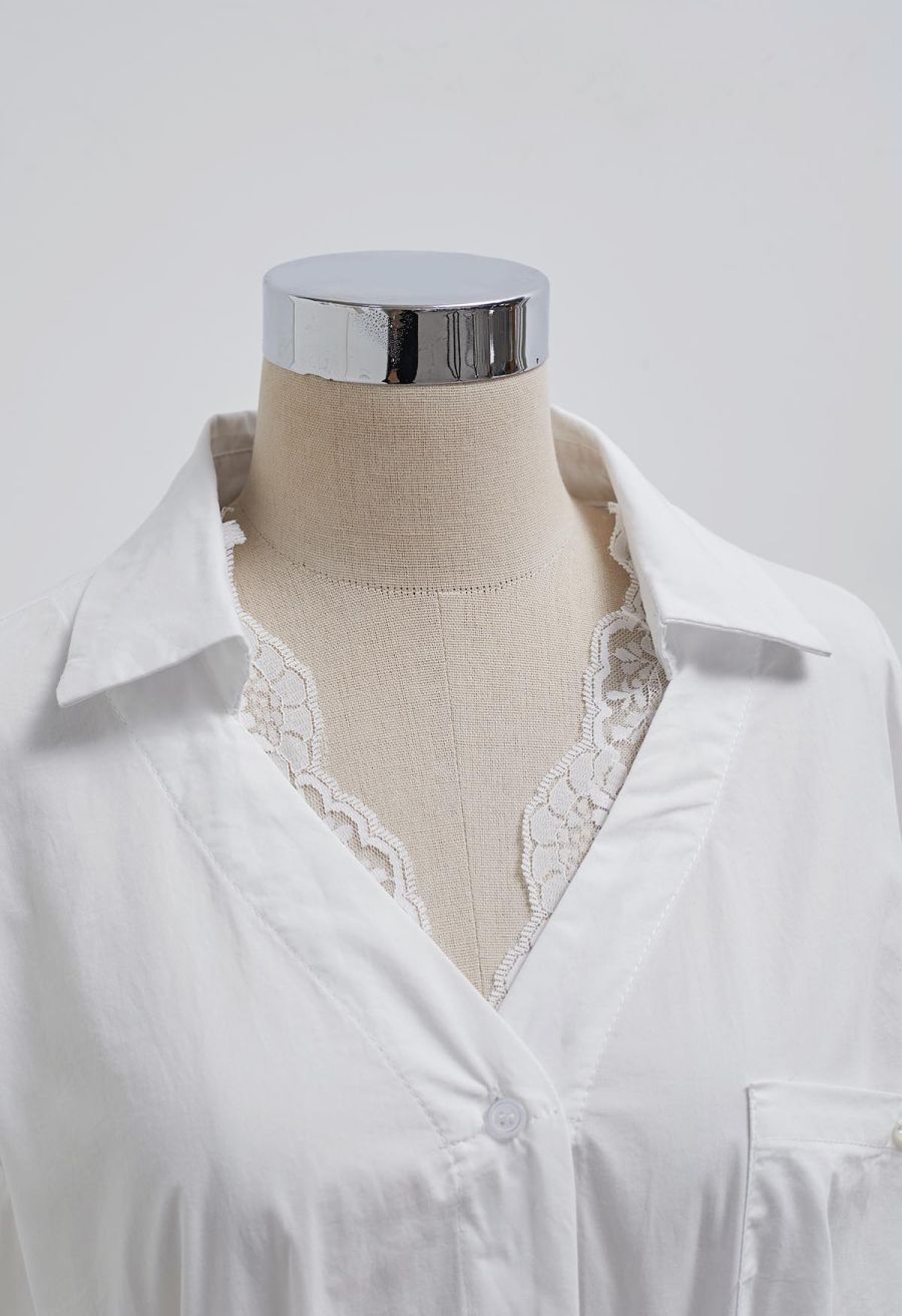 Lace Trimmed Button Down Cotton Shirt in White