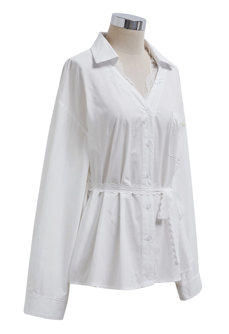 Lace Trimmed Button Down Cotton Shirt in White