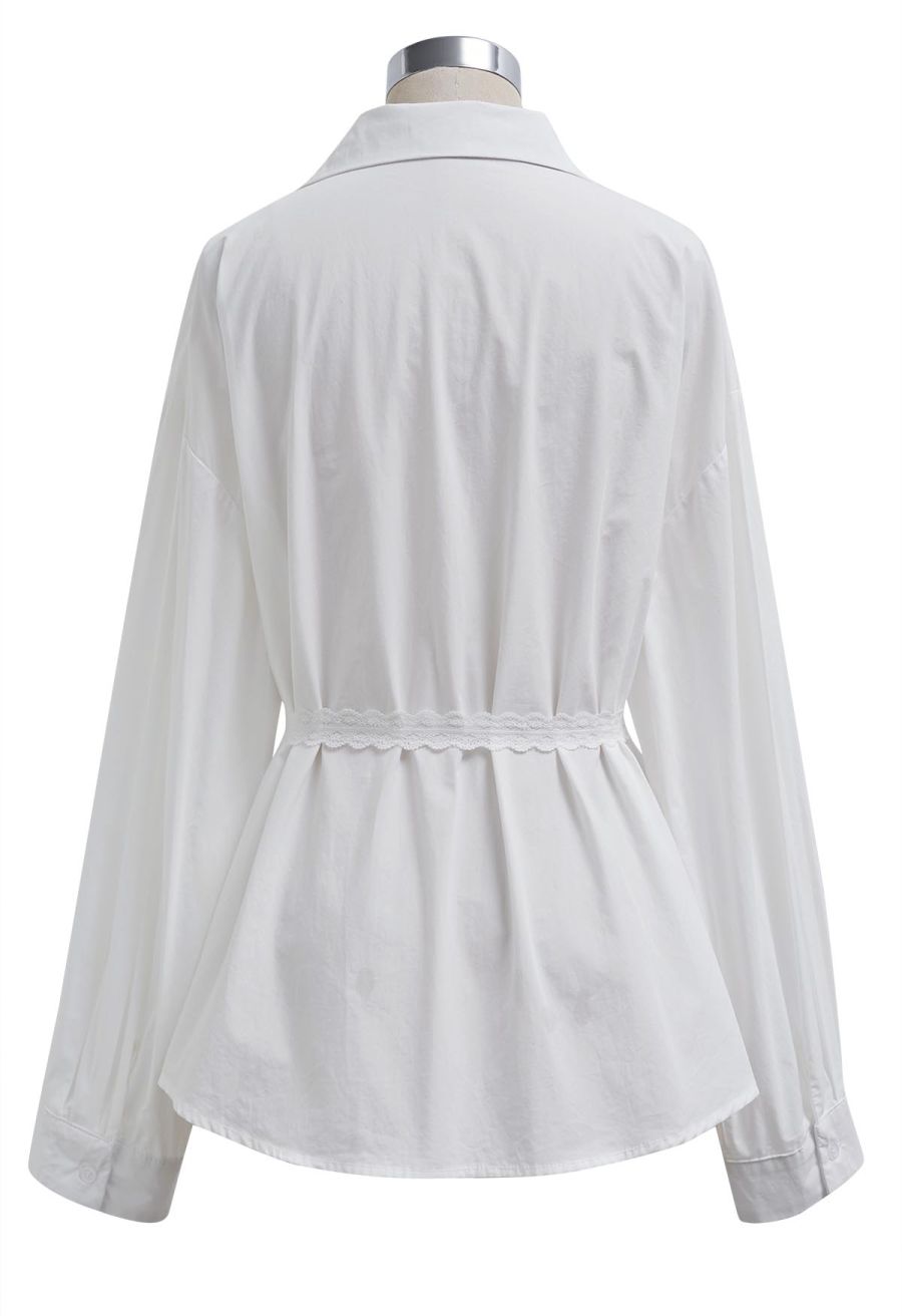 Lace Trimmed Button Down Cotton Shirt in White