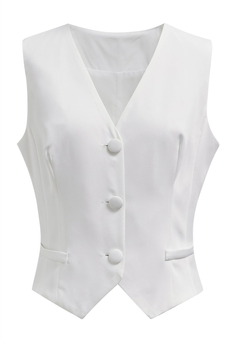 Button Down Vest and Pleated Mini Skirt Set in White