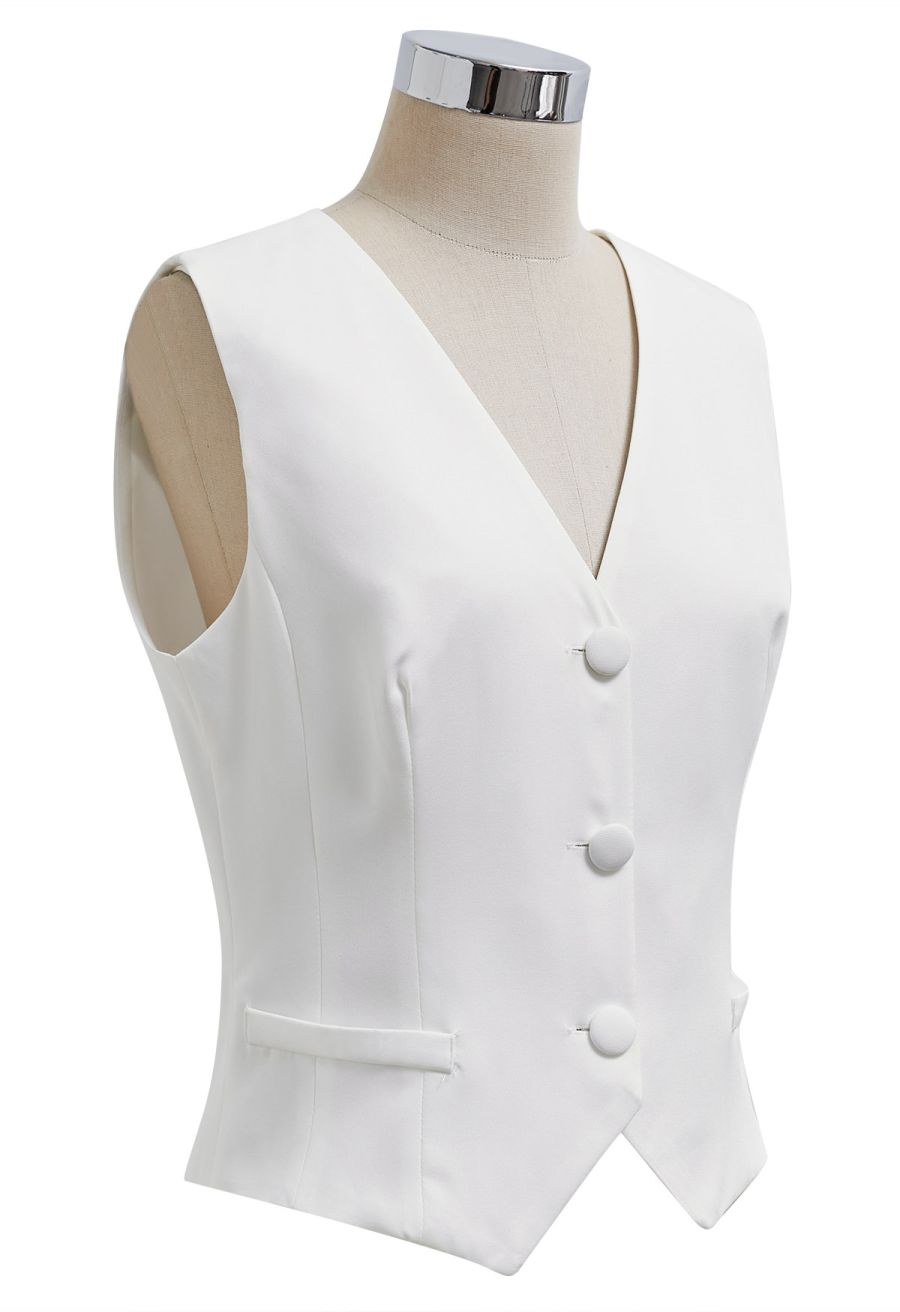 Button Down Vest and Pleated Mini Skirt Set in White