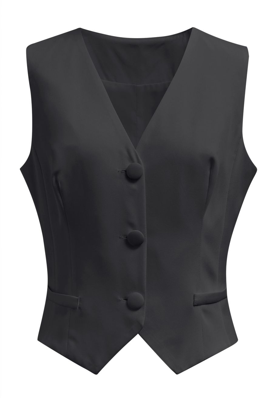 Button Down Vest and Pleated Mini Skirt Set in Black