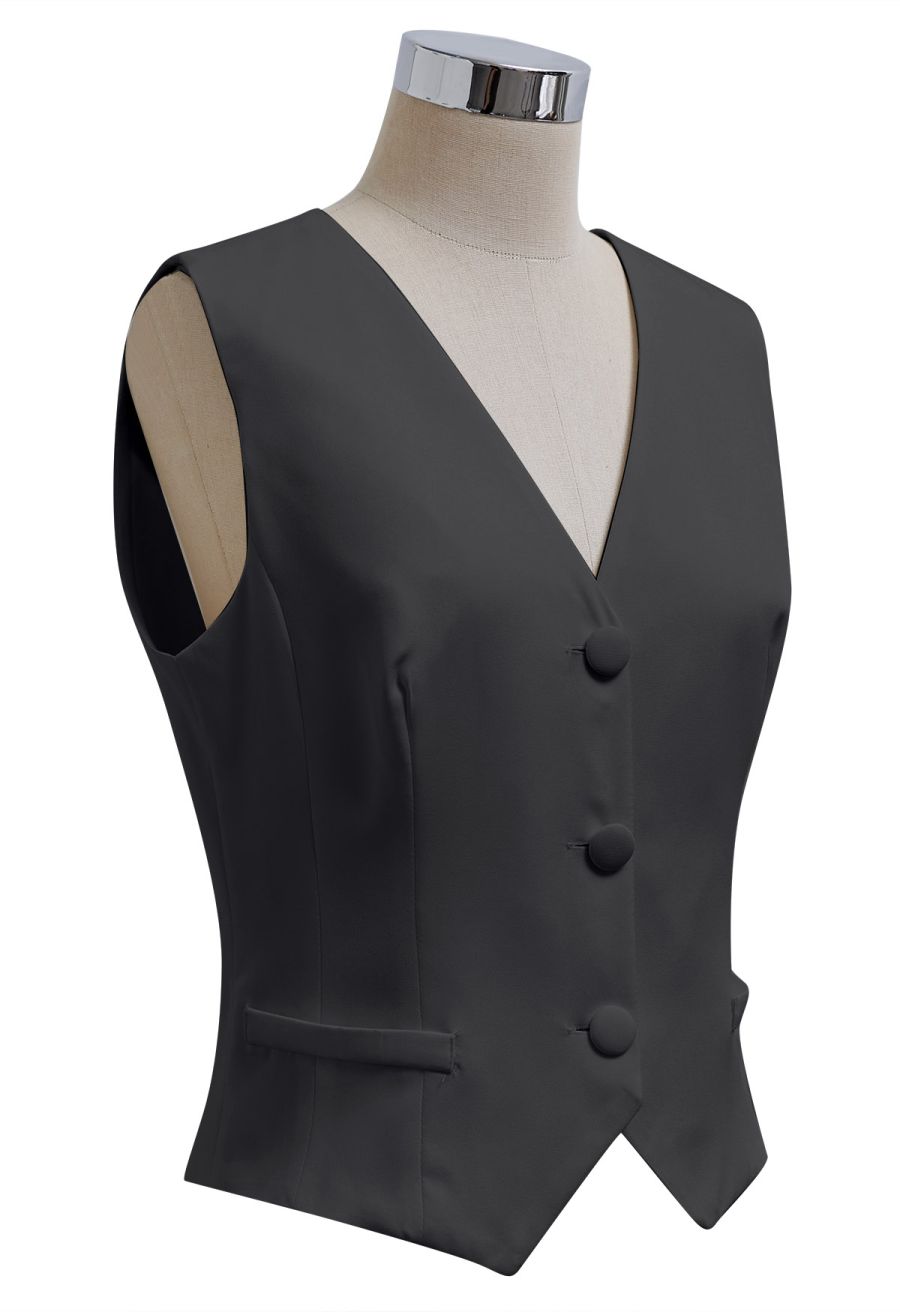 Button Down Vest and Pleated Mini Skirt Set in Black