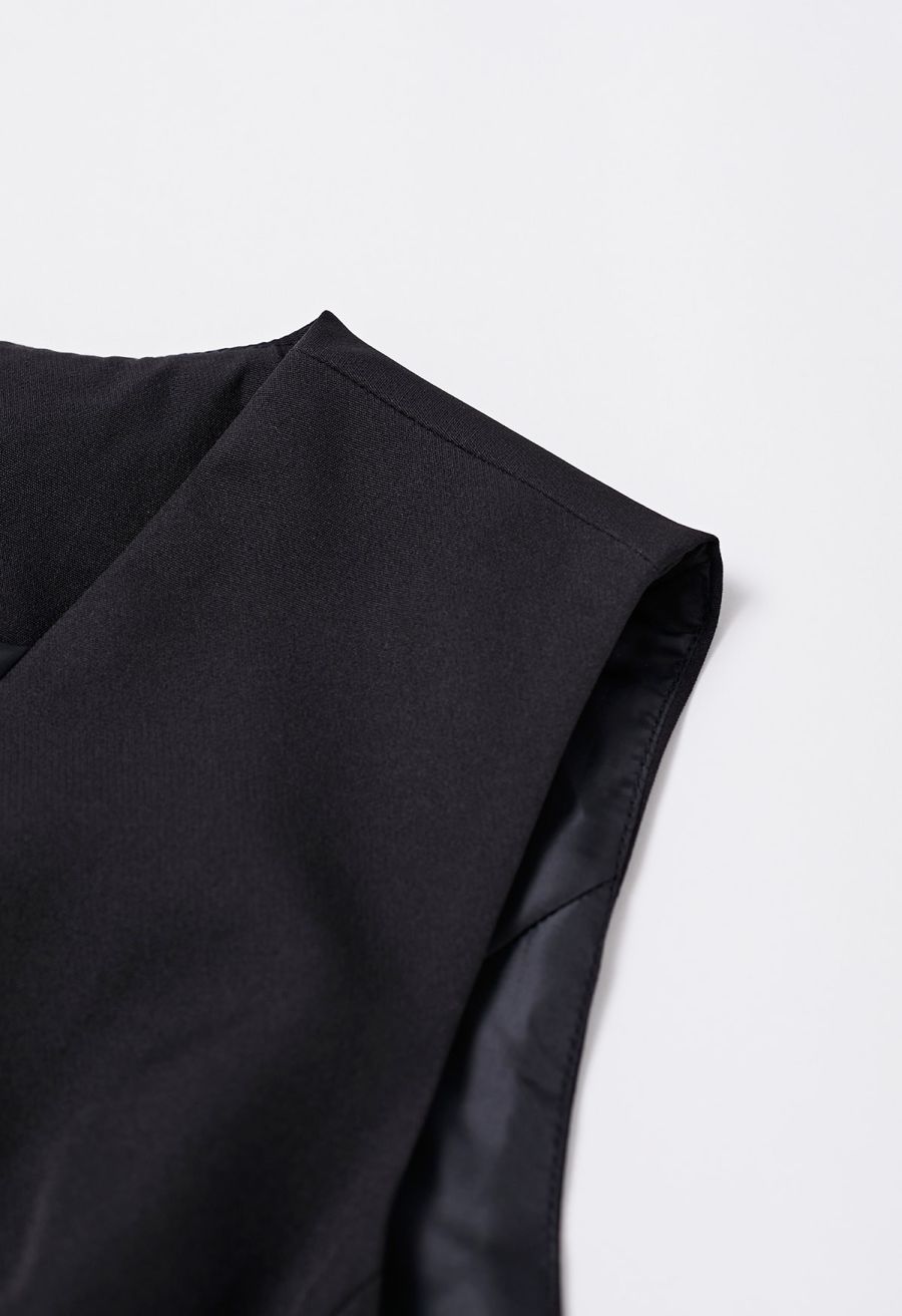 Button Down Vest and Pleated Mini Skirt Set in Black
