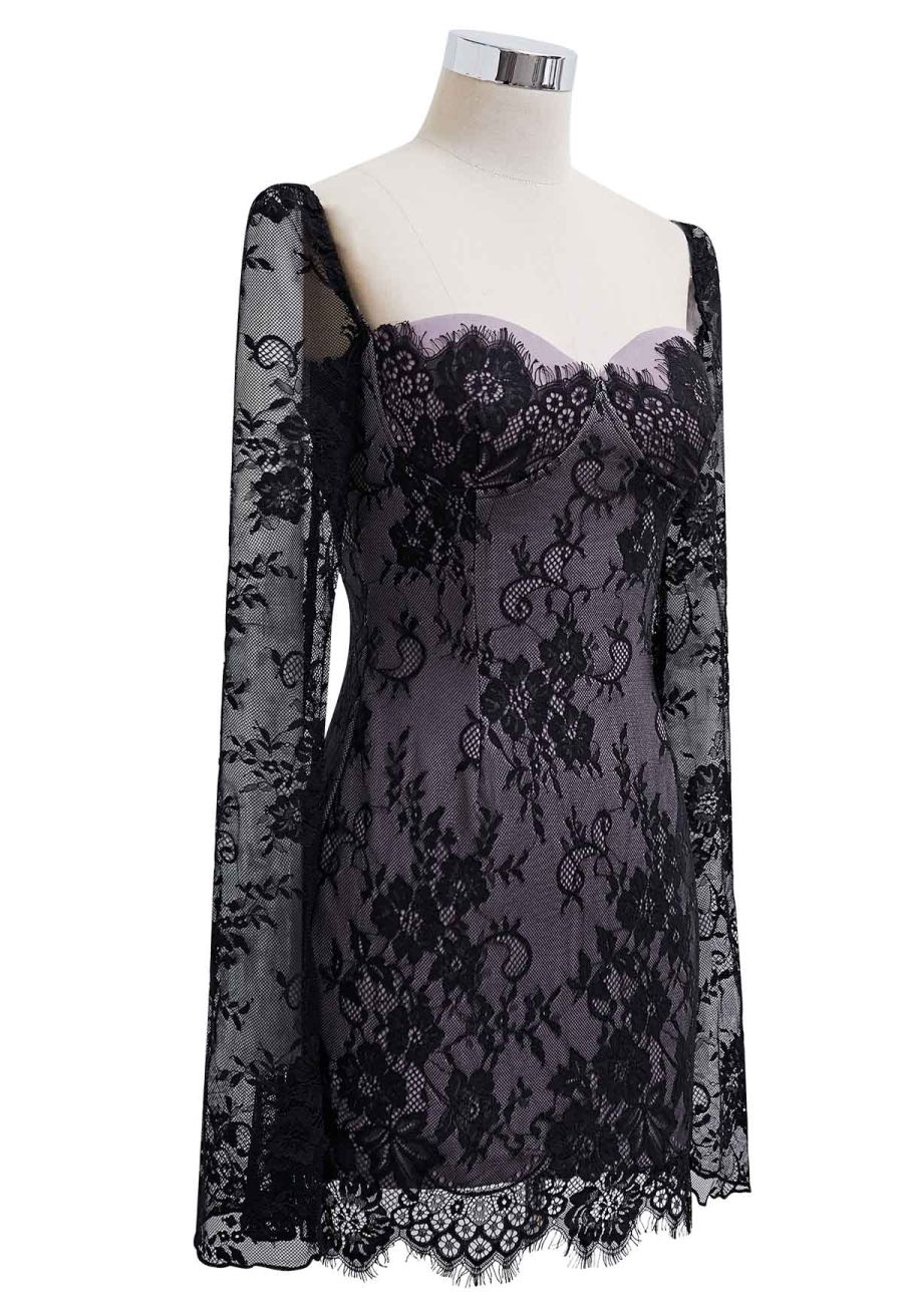 Floral Lace Overlay Flare Cuff Mini Dress